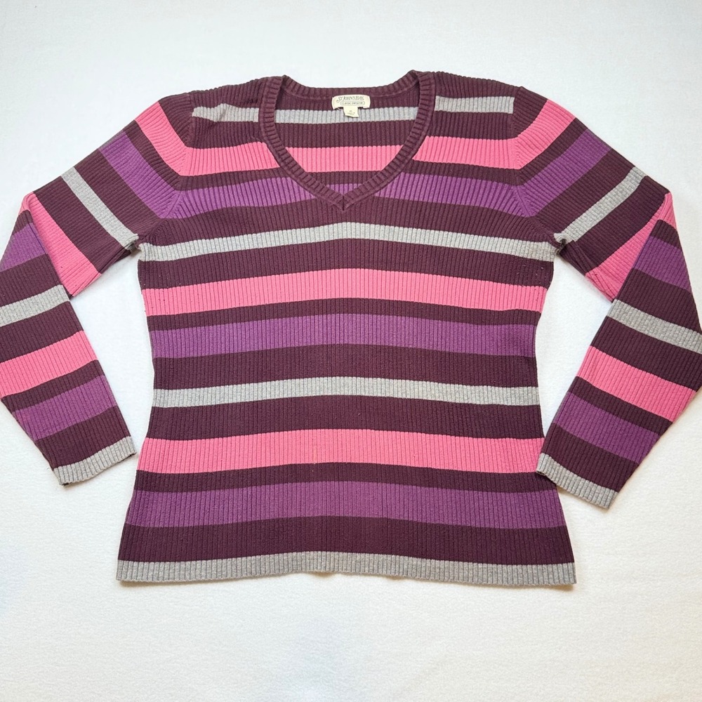 St Johns Bay Womens XL Ribbed V-Neck Striped Sweater Plum Pink Purple Grey